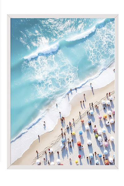 Postifull White Framed Poster Painting, People on the Beach, Photo, Blue Color Poster, 2025 Summer Selection, No:10
