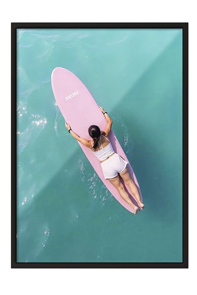 Postifull Black Framed Poster, Surfing on the Sea, Illustration, Blue Color Poster, 2025 Summer Selection, No:109597