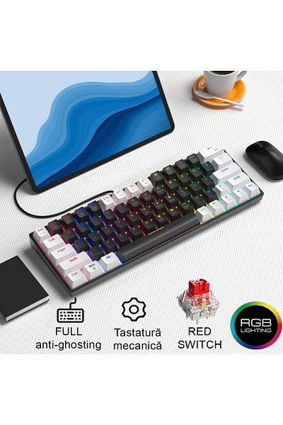 QuTek Qutek Mechanical Gaming Keyboard, 60%, LED Lights, 63 Keys, with Type-C Cable, Red Switch, Portable