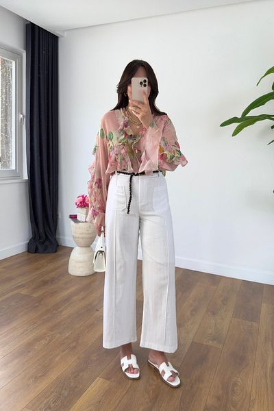 BİRCANÇİL Aleda White Lined Linen Trousers with Front Pocket Detail