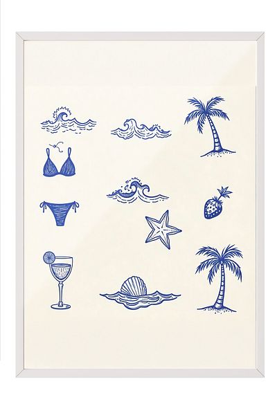 Postifull Poster cu cadru alb, aer de plajă, ilustrație, poster de culoare albastră, selecție de vară 2025, NR:109554