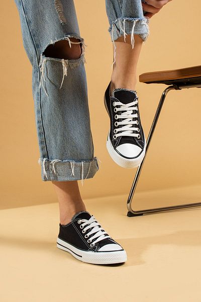 Pembe Potin Unisex Black Linen Convers Model Sneaker Linen Sports Shoes