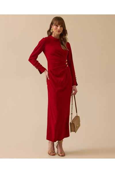 SCL Drapeli Gold Düğme Detaylı Uzun Elbise