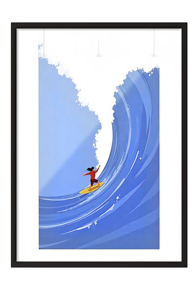 Postifull Poster cu cadru negru, Surfing pe mare, Ilustrație, Poster de culoare albastră, Selecție de vară 2025, NR:109604