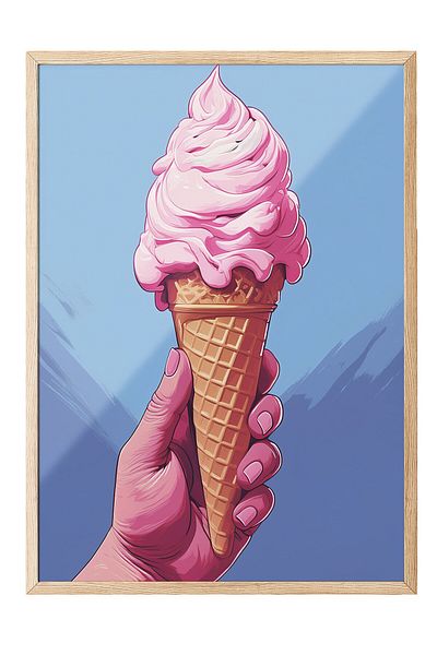Postifull Wooden Framed Painting, Ice Cream, Cone, Hand, Illustration, Blue Color Poster, 2025 Summer Selection, No:109