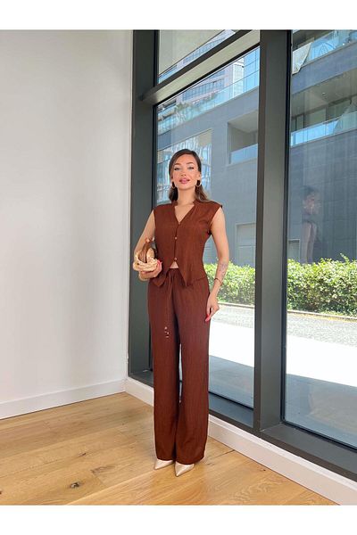 modaçelikler V-Neck Button Blouse Loose Leg Waist Tie Pants Felina Coffee Women's Set 25Y439