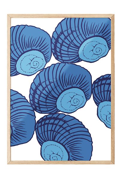 Postifull Wooden Framed Painting, Shells, Illustration, Whimsical, Blue, Navy Blue Color Poster, 2025 Summer Secky