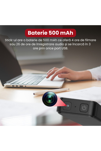 Spionescu Stick cameră ascunsă, rezoluție 1080P, detectare mișcare, baterie 500 mAh, înregistrare ciclică