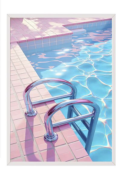 Postifull White Framed Painting, Bright Pool, Illustration, Maximalist, Blue Color Poster, 2025 Summer Selection, N