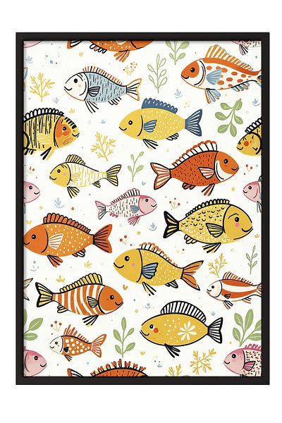 Postifull Black Framed Painting, Fish Group, Illustration Maximalist, Yellow Color Poster, 2025 Summer Selection, No:
