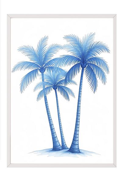 Postifull White Framed Poster, Palm Trees, Illustration, Blue Color Poster, 2025 Summer Selection, No:10969