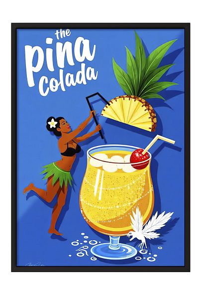 Postifull Tablou cu cadru negru, Pina Colada, ilustrație, maximalist, poster de culoare bleumarin, selecție de vară 2025