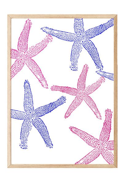 Postifull Wooden Framed Painting, Starfish, Flat Illustration, Blue, Pink Color Poster, 2025 Summer Selection, No