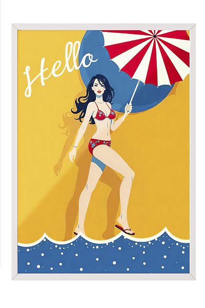 Postifull White Framed Painting, Hello Summer, Illustration, Maximalist, Yellow Color Poster, 2025 Summer Selection, No