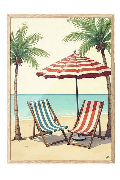 Postifull Wooden Framed Poster, Coastline, Illustration, Red Color Poster, 2025 Summer Selection, No:109542