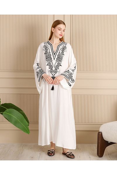 EL jadida Women's Embroidered Sleeve Flounced Viscose Long Dress White Black