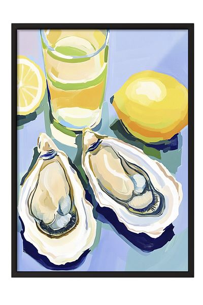 Postifull Black Framed Painting, Glass, Oyster, Lemon, Acrylic Painting, Contemporary, Blue, Yellow Color Poster, 2025 Ya