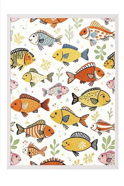 Postifull White Framed Painting, Fish Group, Illustration Maximalist, Yellow Color Poster, 2025 Summer Selection, No: