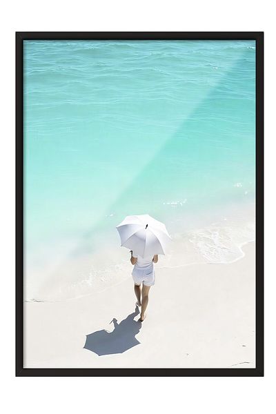 Postifull Black Framed Poster, Woman on the Beach, Photo, Blue Color Poster, 2025 Summer Selection, No:109681