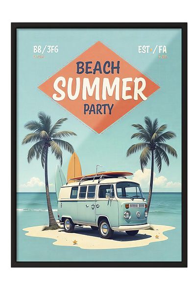 Postifull Black Framed Painting, Summer Beach Party, Illustration, Maximalist, Blue Color Poster, 2025 Summer Selection