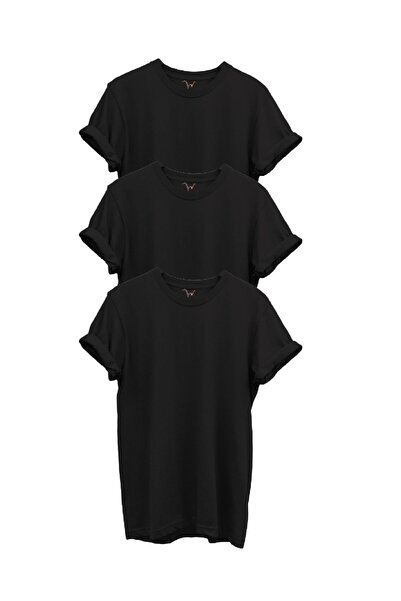 WİDİ Μαύρο μπλουζάκι 3 τεμαχίων από 100% βαμβάκι Regular Fit Crew Neck Premiu...