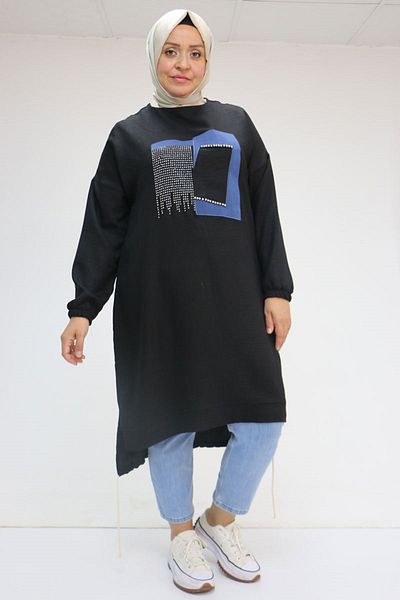 Eslina 58011 Large Size Linen Tunic with Tie Hem and Stone Detail on the Front - Black