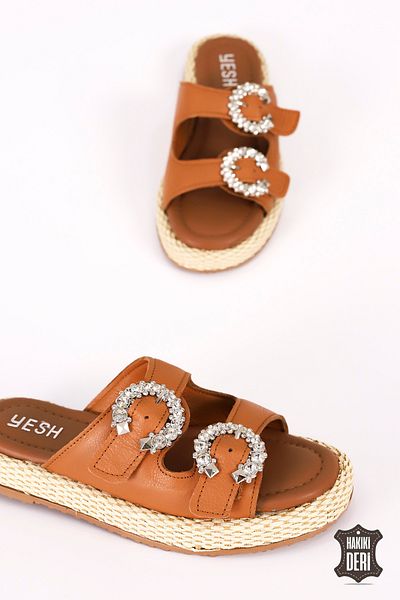 Mamito Ayakkabı H 01 Stone Detailed Straw Sole Slippers