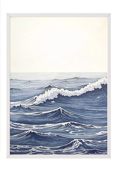 Postifull White Framed Painting, Big Sea Waves, Illustration, Blue Color Poster, 2025 Summer Selection, No:1