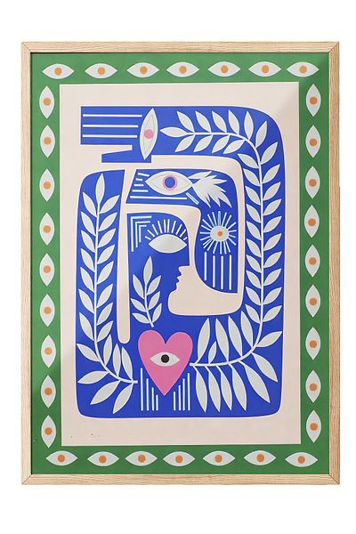 Postifull Wooden Framed Poster Painting, Abstract Blue, Illustration, Maximalist, Blue Color Poster, 2025 Summer Flake