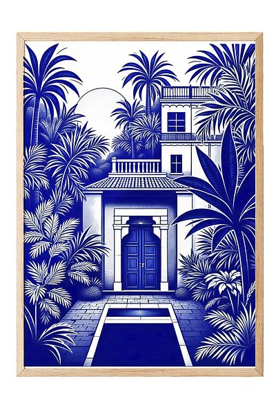 Postifull Wooden Framed Poster, Blue Palm Trees, Illustration, Blue Color Poster, Summer Selection of 2025, No: