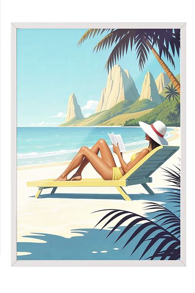 Postifull White Framed Painting, Women Sunbathing, Illustration, Maximalist, Blue Color Poster, 2025 Summer S