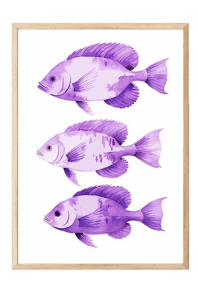 Postifull Wooden Framed Painting, Fish, Watercolor, Purple Color Poster, 2025 Summer Selection, No:109874