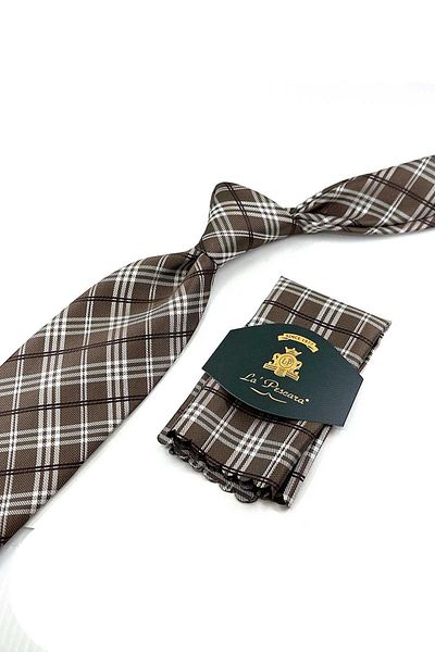 Kravatkolik Gold Plaid Pattern Classic Tie with Handkerchief Kk13197