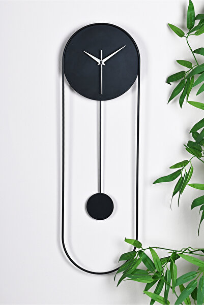 Muyika Design Metal Sarkaçlı Dekoratif Duvar Saati - Sessiz Mekanizma - El Boyama Modern Tasarım Saat-Siyah