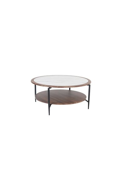 mr-everything A large circular coffee table with a design that combines the luxury of white marble with the warmth of walnut wood, with a practical lower shelf for storage.