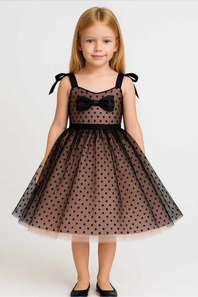 kent of kıds Girl's Strap Bow Decoration Lined Satin over Tulle Back Elastic Evening Dress