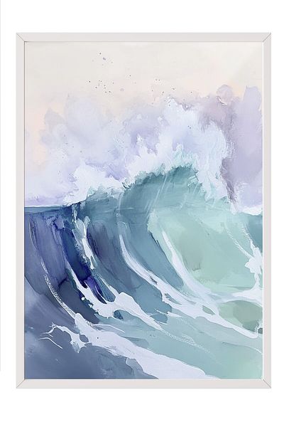Postifull White Framed Painting, Wave, Ocean, Watercolor, Impressionist, Blue, Pastel Tones Color Poster, 2025