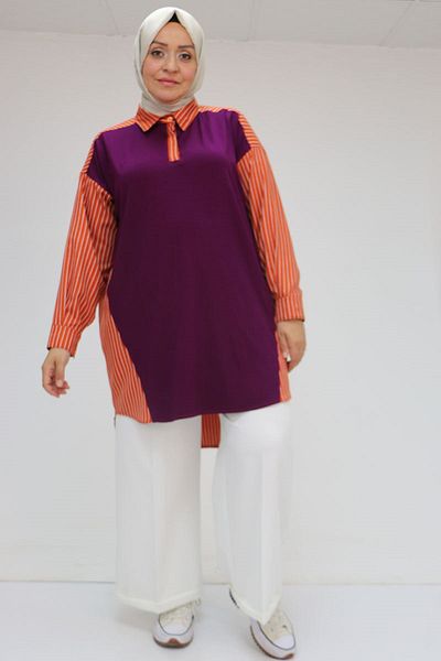 Eslina 58041 Large Size Front Combed Cotton Back Striped Fabric Tunic - Tile