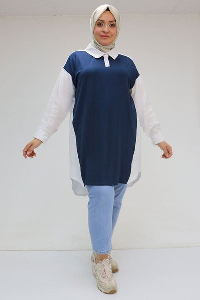 Eslina 58032 Large Size Muslin Tunic with Combed Cotton Detail on the Front - Navy Blue