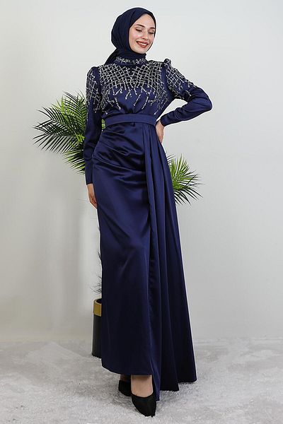 GİYZAMİLA İzel Stone Satin Evening Dress Navy Blue