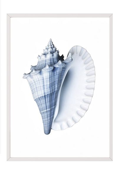 Postifull White Framed Painting, Blue Seashell, Illustration, Blue Color Poster, 2025 Summer Selection, No:10974