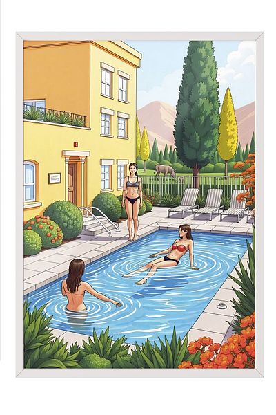 Postifull White Framed Painting, Pool Party, Illustration, Maximalist, Blue Color Poster, 2025 Summer Selection,