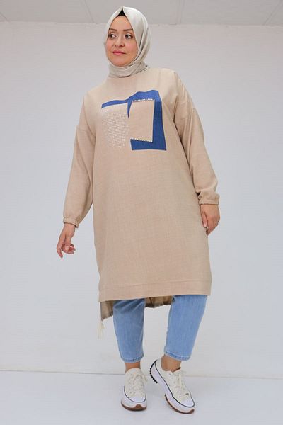 Eslina 58011 Large Size Linen Tunic with Tie Hem and Stone Detail on the Front - Beige