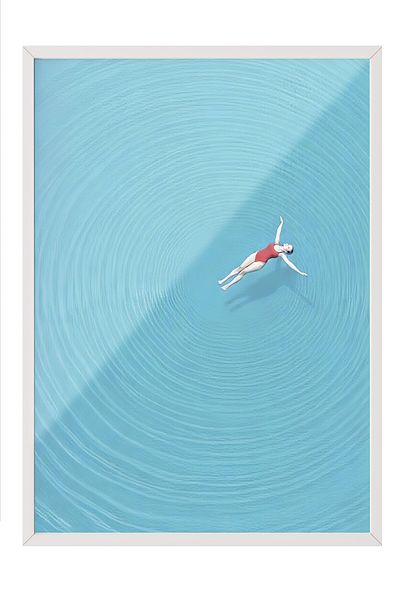 Postifull White Framed Painting, Woman in the Sea, Photo, Blue Color Poster, 2025 Summer Selection, No:109731