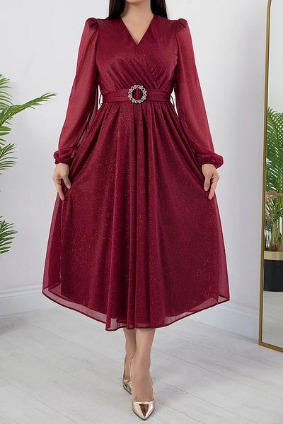Neşeli Butik Women's Belt and Wadding Detail Glitter Midi Dress Rymy3590