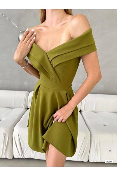 Modafeminen Stretch Crepe Fabric Special Neckline Design Mini Dress Pistachio Green 582566