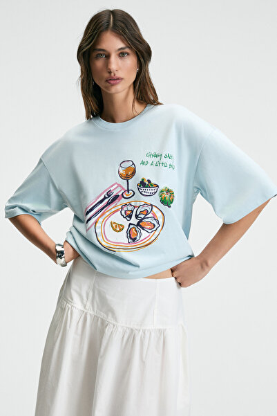 GRIMELANGE NITZA Kadın %100 Pamuk Oversize Bisiklet Yaka Mavi T-Shirt