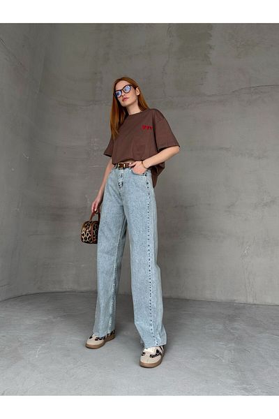 Cappmoda Jean-08129 Light Blue Cut Leg Denim Fabric High Waist Palazzo Jean