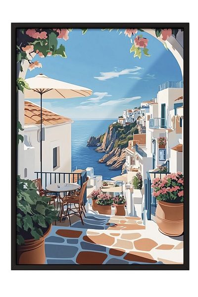 Postifull Black Framed Painting, Terrace, Ocean, Flowers, Flat Illustration, Modern, Blue, White Color Poster,