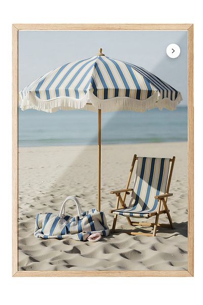 Postifull Wood Framed Poster, Beach with Umbrella, Photo, Blue Color Poster, Summer Selection 2025, No:109524